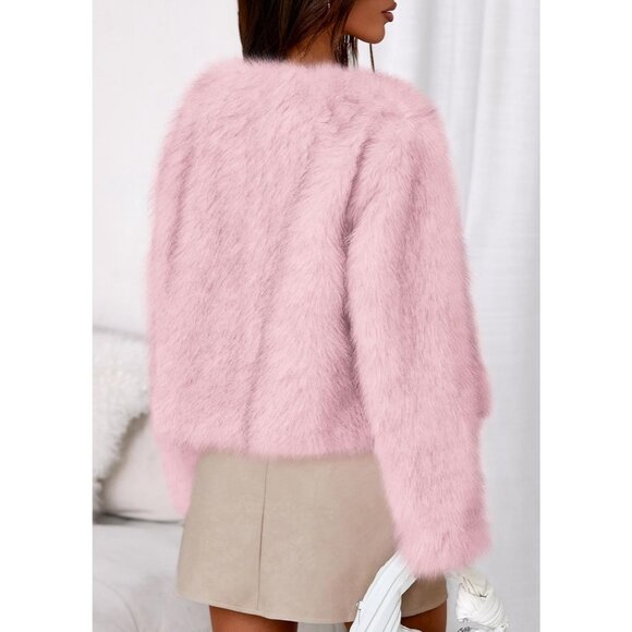 Women's Pink Winter Coats Fluffy Cropped Faux Fur Jacket Long Sleeve Open Front - Picture 4 of 8